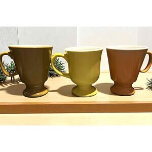 Vintage 1970s MCM Shenango China Set 3 Yellow Brown Tan Pedestal Mugs USA MINT!